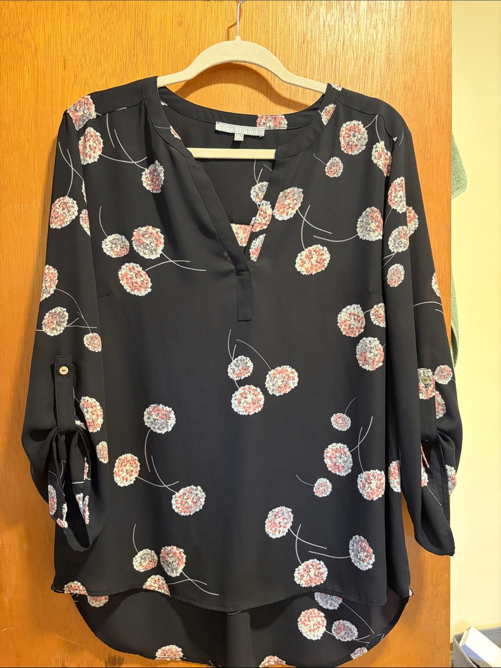Daniel Rainn Black Floral V-Neck Roll-Tab Blouse